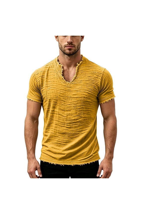 Men's Casual Linen T Shirts V-Neck Short Sleeve Washed Frayed Raw Edges Tops Summer Beach Vacation Casual Tshirt Solid Color Muscle Fit Thin Breathable Basic Tees,Yellow 2XL