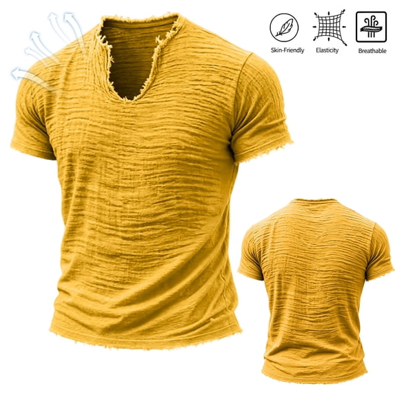Homeyce Men's Casual Linen T Shirts V-Neck Short Sleeve Washed Frayed Raw Edges Tops Summer Beach Vacation Casual Tshirt Solid Color Muscle Fit Thin Breathable Basic Tees,Yellow 3XL
