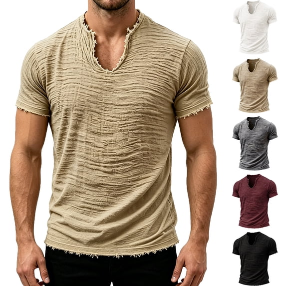 Homeyce Men's Cotton Linen Short Sleeve Shirts Vintage Distressed T Shirts Raw Edge V Neck Basic Tee Tops,Beige 2XL