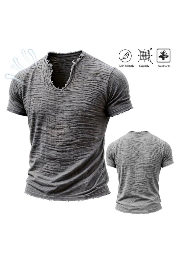 Men's Cotton Linen Short Sleeve Shirts Vintage Distressed T Shirts Raw Edge V Neck Basic Tee Tops,Gray XL
