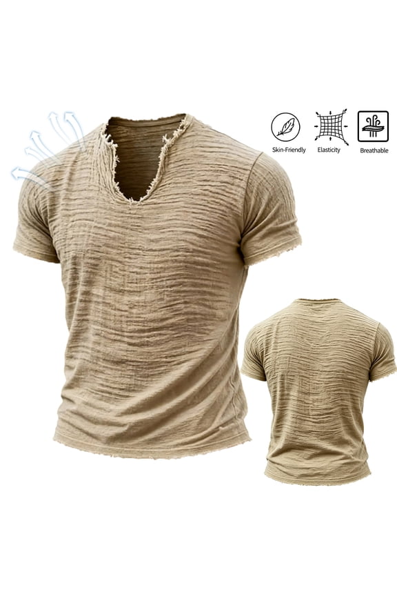 Men's Cotton Linen T-Shirts Raw Edge Washed Short Sleeve Tees V Neck Distressed Solid Color Tops Breathable Loose Fit Vintage Summer Clothing,Beige 2XL