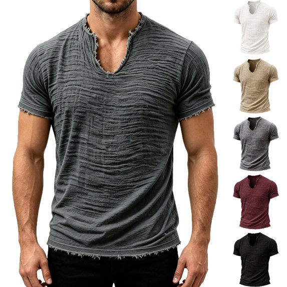 Homeyce Men's Cotton Linen T-Shirts Raw Edge Washed Short Sleeve Tees V Neck Distressed Solid Color Tops Breathable Loose Fit Vintage Summer Clothing,Gray 2XL