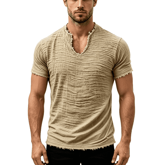 Homeyce Men's Cotton Linen T-Shirts V Neck Raw Edge Washed Distressed Shirts Summer Short Sleeve Solid Loose Beach Tee Tops,Beige 3XL