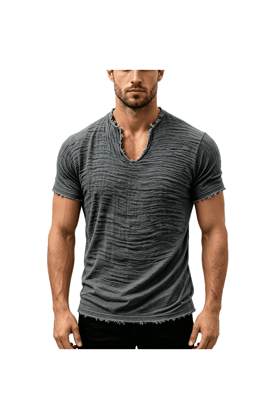 Men's Cotton Linen T-Shirts V Neck Raw Edge Washed Distressed Shirts Summer Short Sleeve Solid Loose Beach Tee Tops,Gray 2XL