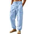 thumbnail image 1 of Homeyce Men's Drawstring Linen Pants with Elastic Waist Straight-Legs Pants with Deep Pockets with Pockets Long Pants Casual Summer Beach Lightweight Lounge Wear,Blue 3XL, 1 of 5