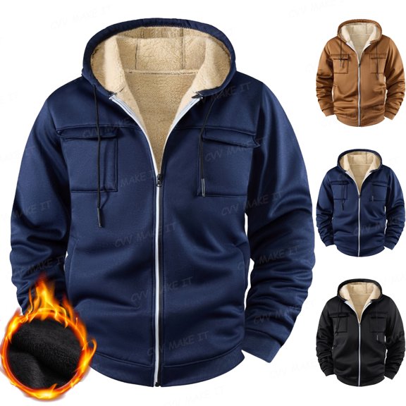 Homeyce Men's Flannel Hooded Jacket Zipper Fleece Thick Heavyweight Hooded Jacket Windproof Fall Winter Relaxed Fit Sweatshirt with Hooed Sherpa Lined Long Sleeve Shirts with Pockets,Blue XL