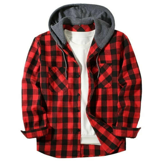 Homeyce Men's Flannel Hoodie Shirts Jacket Plaid Long Sleeve Shirt Button Down Hooded Shirt Jacket Casual Fashion Lightweight Hooded with Pocket,Red 2XL