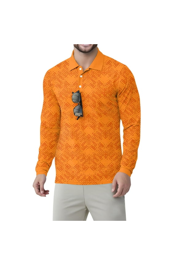 Men's Golf Polo Shirts Long Sleeve Button Down Shirts Collared Golf Quick Dry Moisture Wicking Lightweight Casual Golf Shirts Floral Print Upf 50+ Sun Protection Pullover,Orange 2XL