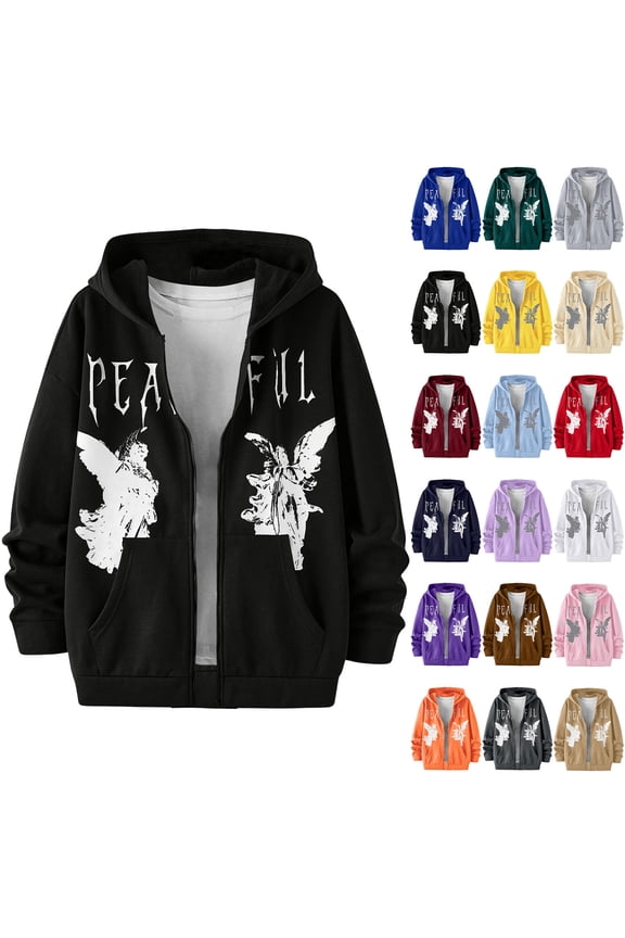 Men's Graphic Hoodies Streetwear Vintage Zip Up Hooded Sweatshirt Jacket with Pocket,Black XL
