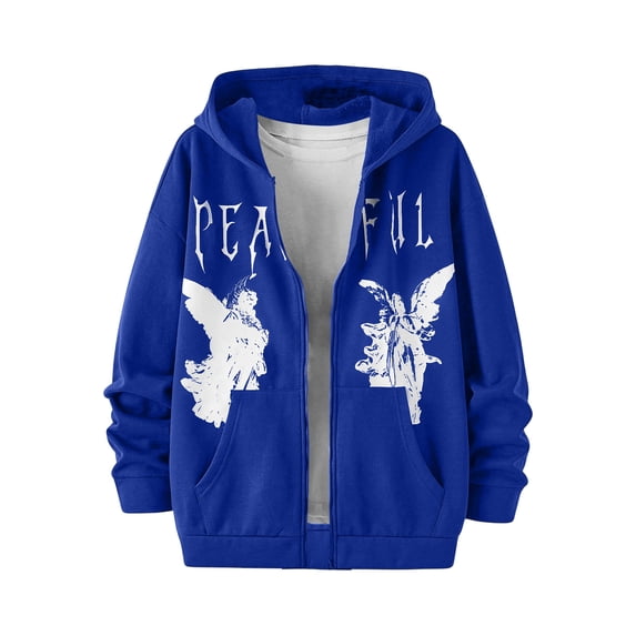 Homeyce Men's Graphic Zip Up Hoodies Jacket Letter Print Long Sleeve Sweatshirt with Pockets Streetwear,Blue M