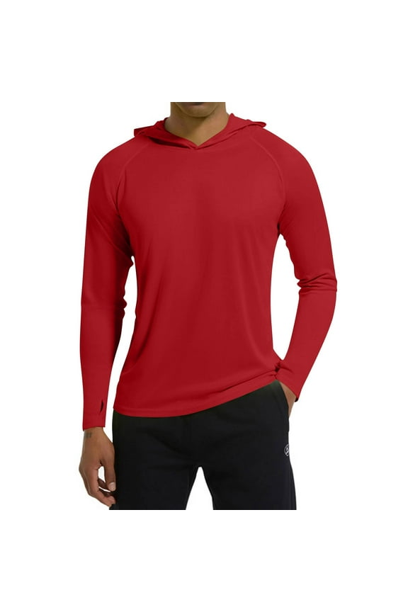 Men's Hooded Long Sleeve UPF 50+ Shirts Uv Spf Performance Athletic Fishing Swimming Lightweight Hoodie with Hood Quick Dry T-Shirts Rash Guards,Red 2XL
