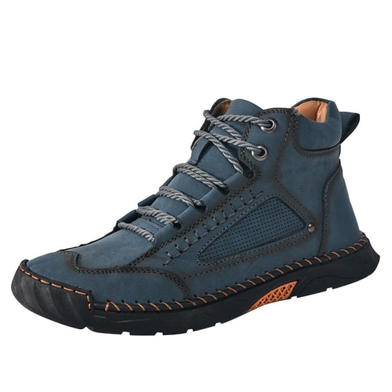 Homeyce Men's Leather Boots Handmade Arch Support Hiking Shoes Waterproof Non-Slip Mid Top Walking Driving Sneakers with Spacious Toe Box for Outdoor Trekking,Blue 41(US-8)