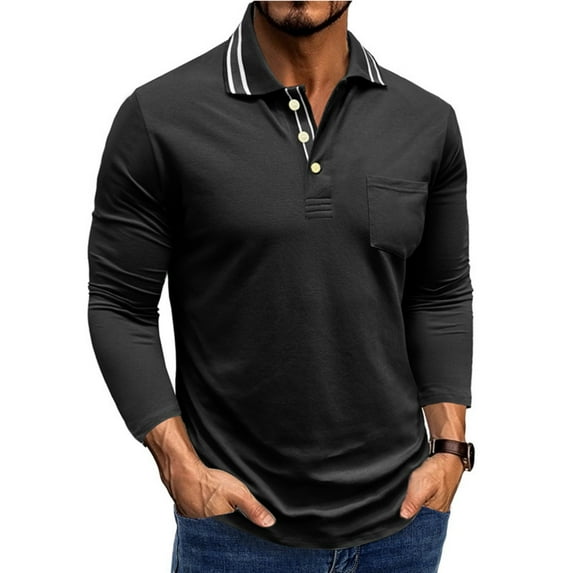 Homeyce Men's Long Sleeve Polo Shirts Button Collared Polo Shirts Business Casual Work Office Lightweight Polo Sweater Solid Color Long Sleeve Pullover Shirts,Black S