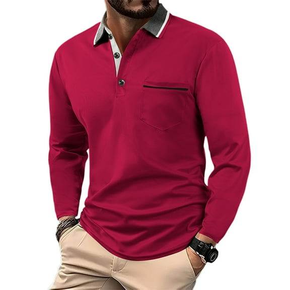 Homeyce Men's Long Sleeve Polo Shirts Button Down Collared Shirts Fashionable Business Athletic Casual Shirt Solid Color Long Sleeve Pullover Shirts,Red 2XL
