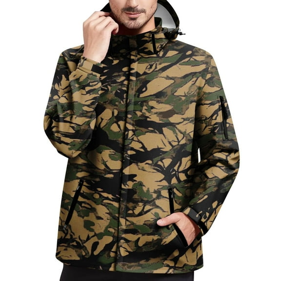 Homeyce Men's Military Jacket with Pockets Windbreaker & Waterproof Rain Jacket Long Sleeve Big and Tall Lightweight Winter Coats Zip Up Camo Ski Snow Soft Shell for Hiking Travel,Brown 4XL