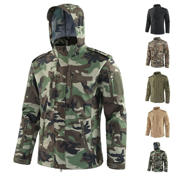 Homeyce Men's Military Jacket Water Resistant Windproof Fleece Soft Shell with Hood Full Zip Softshell Jacket for Men Outdoor Work Hiking Winter Warm Raincoat with Pockets,Camouflage 2XL