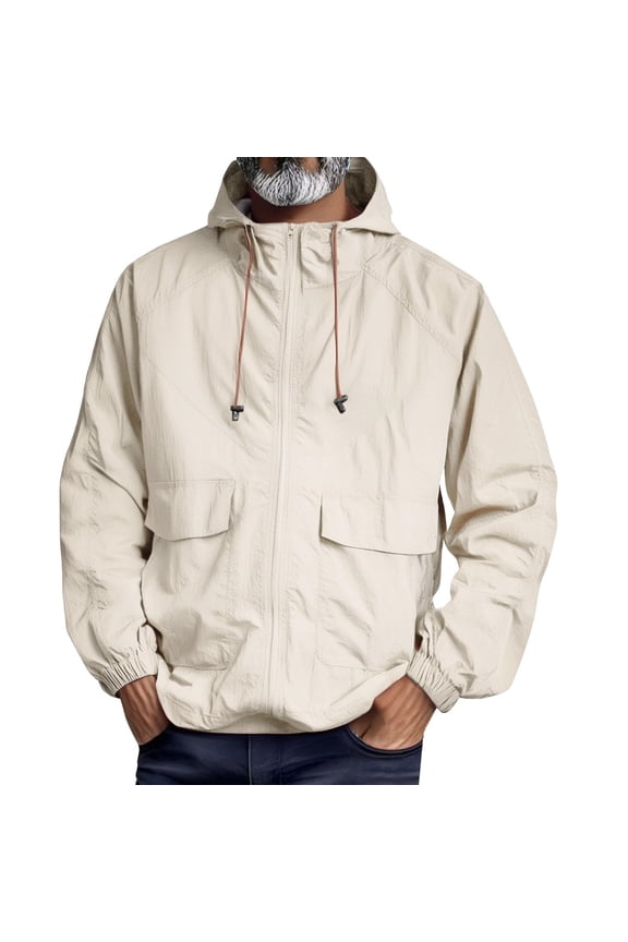 Men's Military Jacket Windbreaker & Waterproof Hooded Running Jacket Big and Tall Lightweight Long Sleeve Coats with Pockets Zip Up Softshell for Hiking,Beige XL