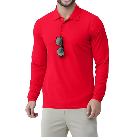 Homeyce Men's Polo Long Sleeve with Buttons Shirt Collared Casual Fashion Slim Fit Polo Tee Shirts Solid color Upf 50+ Sun Protection Pullover,Red L