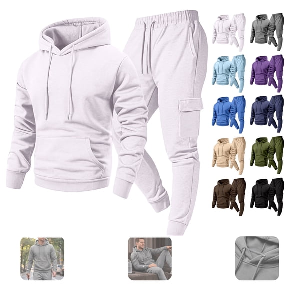 Homeyce Men's Pullover Sweat Set 2 Piece Long Sleeve Hoodie Cargo Pocket Jogger Sweatpants,White XL