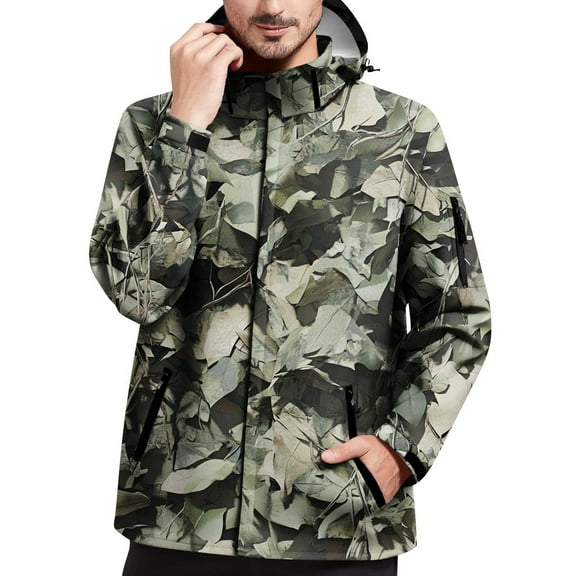 Homeyce Men's Rain Jacket Windbreaker & Waterproof Hooded Shell Jacket Big and Tall Lightweight Long Sleeve Raincoat with Pockets Zip Up Camo Softshell for Hiking Travel,Green 2XL