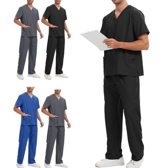 Homeyce Men's Scrub Set Pockets Stretchy V-Neck Scrub Top With Pockets Jogger Pants Anti-Wrinkle Scrubs,Black L