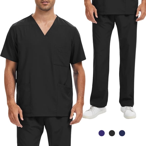 Homeyce Men's Scrub Set V-Neck Top & Straight Pants with Pockets 4-Way Stretchy Breathable Wrinkle Resistant,Black M