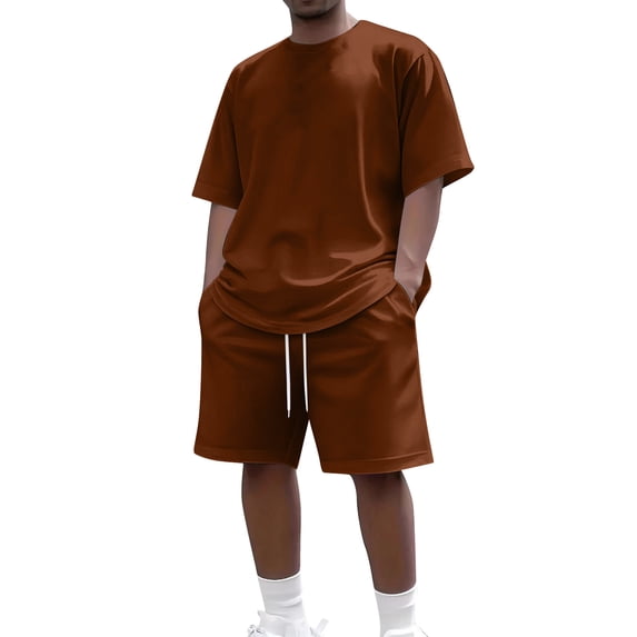 Homeyce Men's Shirt and Shorts Set 2 Piece Fashion Summer Tracksuits Cotton Oversized T-Shirts Cargo Shorts Outfits,Brown M