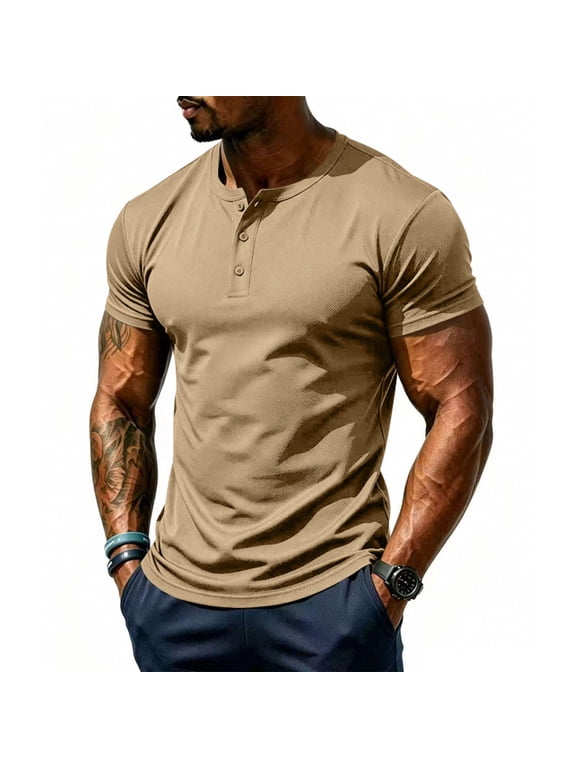 Men's Stand Collar Henley Shirts Short Sleeve Button Henley Shirt Classic Vintage Solid Color Tee Tops Stand Collar Big and Tall Tee Shirts,Brown M