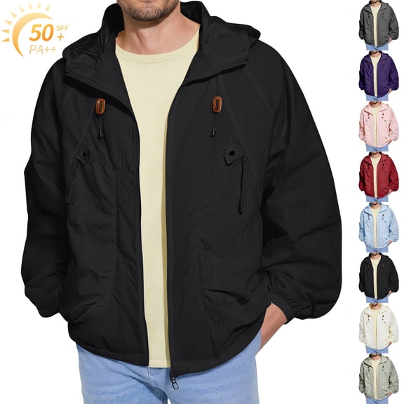 Homeyce Men's Summer Lightweight Sun Protection Jacket Windbreaker Zip Up Lightweight Jacket Outdoor Running Camping Plus Size Golf Coat Upf 50+ Waterproof UV Jacket with Pocket,Black L