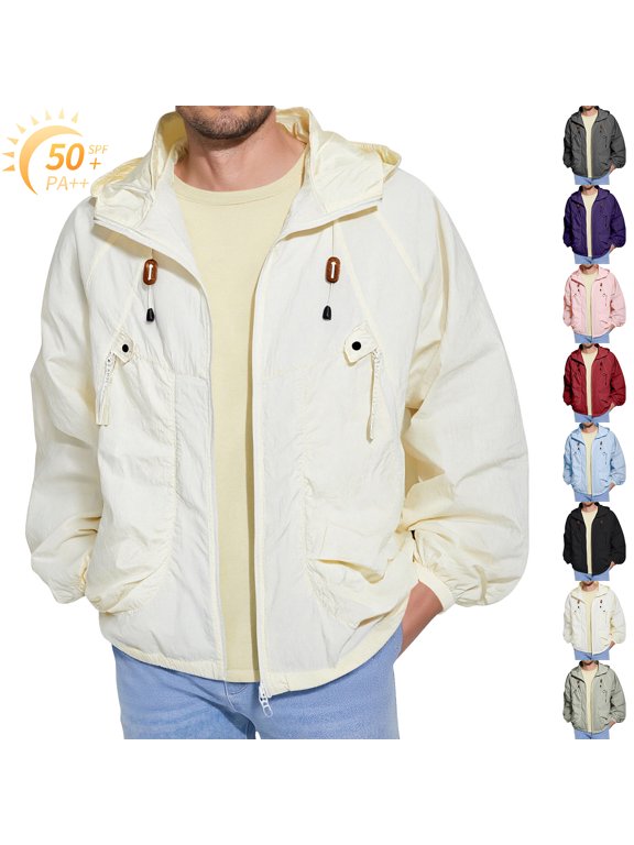Men's Summer Lightweight Sun Protection Jacket Windbreaker Zip Up Lightweight Jackets Casual Loose Fit Outdoor Plus Size Golf Coat Upf 50+ Waterproof UV Jacket with Pocket,Beige XL