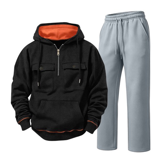 Homeyce Men's Track Suits Long Sleeve Sweatsuits Hoodie Matching Cargo Sweatpants Set Two Piece Vintage Sport Joggers Casual Jogging Sweatshirts Fleece Hooded Suit Sets Sweat with Pockets,Black 3XL