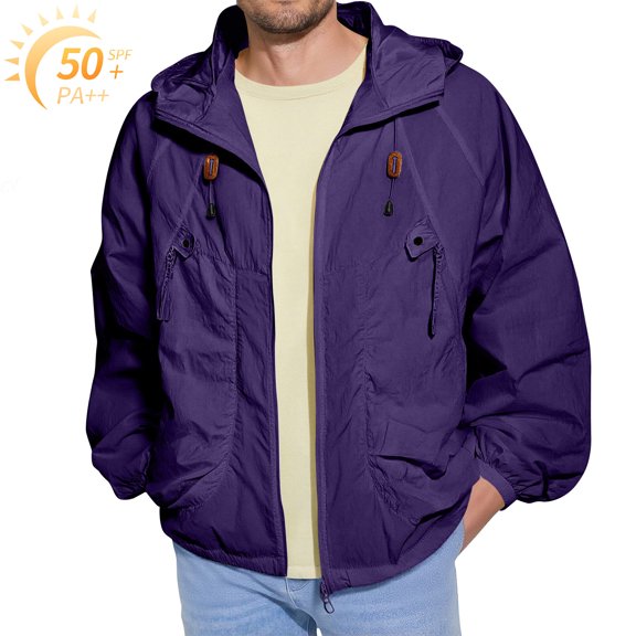 Homeyce Men's UPF 50+ Sun Protection Hoodie Jacket Lightweight Full Zip Windbreaker Jacket with Pocket for Outdoor Sport Hiking Coat Upf 50+ Long Sleeve Sun Shirts,Purple 3XL