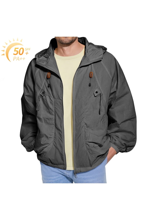 Men's UPF 50+ Sun Protection Hoodie Jacket Lightweight Full Zip Windbreaker Jacket with Pocket Summer Casual Outdoor Loose Coats Upf 50+ Long Sleeve Sun Shirts,Gray XL