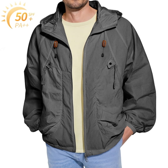 Homeyce Men's UPF 50+ Sun Protection Hoodie Jacket Lightweight Zip Up Windbreaker Jacket with Pocket Uv Fishing Athletic Running Coats Upf 50+ Long Sleeve Sun Shirts,Gray 3XL