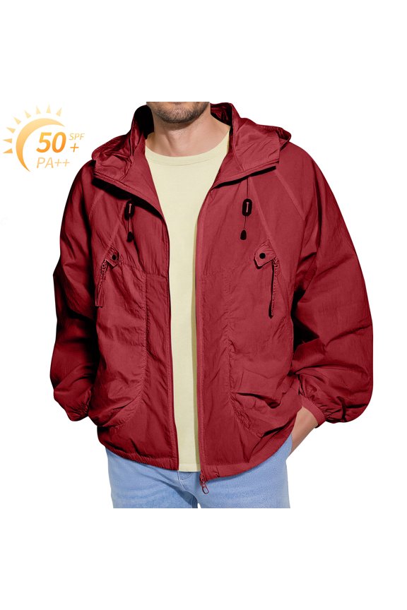 Men's UPF 50+ Sun Protection Hoodie Jacket Lightweight Zip Up Windbreaker Jackets with Pocket Outdoor Loose Running Fishing Camping Coats Upf 50+ Long Sleeve Sun Shirts,Red 3XL