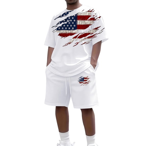 Homeyce Men's Usa 250th Anniversary 2 Piece Outfits Usa Flag Patriot Short Sleeve Shirts and Shorts Set 4th Of July Summer Clothing Set,White 3XL