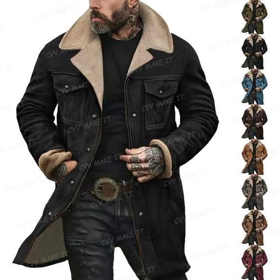 Homeyce Men's Vintage Trench Faux Leather Jacket Plush Collar Zip Up Suede Jacket Fall Winter Western Duster Long Coat Casual Retro Lightweight Overcoats,Black 3XL