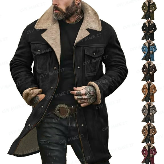 Homeyce Men's Vintage Trench Faux Leather Jacket Plush Collar Zip Up Long Jackets Cowboy Winter Warm Coats Lightweight Casual Stylish Tops,Black L