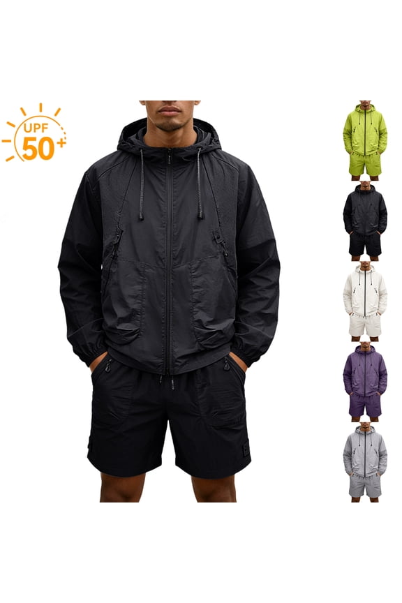 Mens 2 Piece Sun Protection Lounge Sets Long Sleeve Zipper Jacket and Shorts Upf 50+ Sun Protection Windbreaker Lightweight Quick Dry Summer Hiking Outfit,Black L