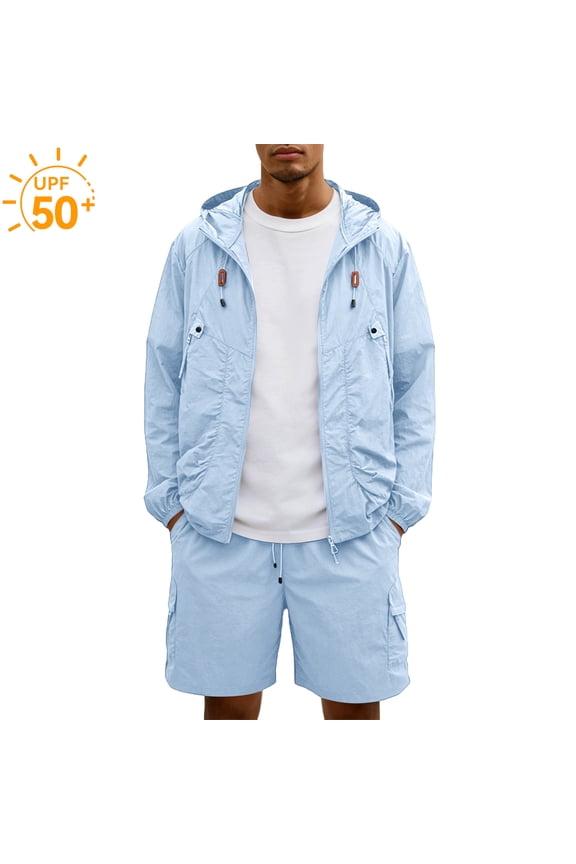 Mens 2 Piece Sun Protection Lounge Sets Uv Sun Protection Long Sleeve Hooded Jackets and Cargo Shorts Windbreaker Lightweight Quick Dry Outdoor Jackets Sets,Blue 3XL