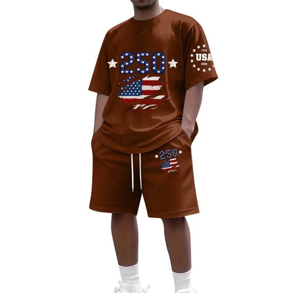 Homeyce Mens 250th Anniversary USA 2 Piece Patriotic Short Outfits, 1776-2026 250 Years of Freedom USA Flag Short Sleeve T-Shirt and Shorts Summer Casual Matching Set,Brown L