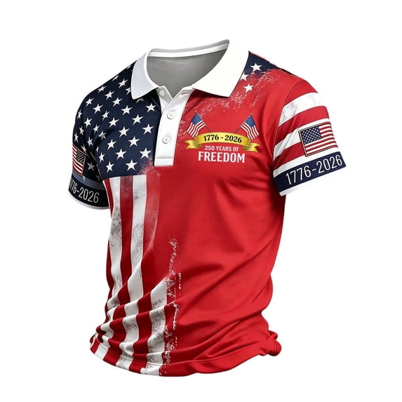 Homeyce Mens 4th Of July Polo Shirts 250th America Anniversary American Flag Golf Shirts Short Sleeve Independence Day Polo T-Shirts Button Down Patriotic Shirts,Red M