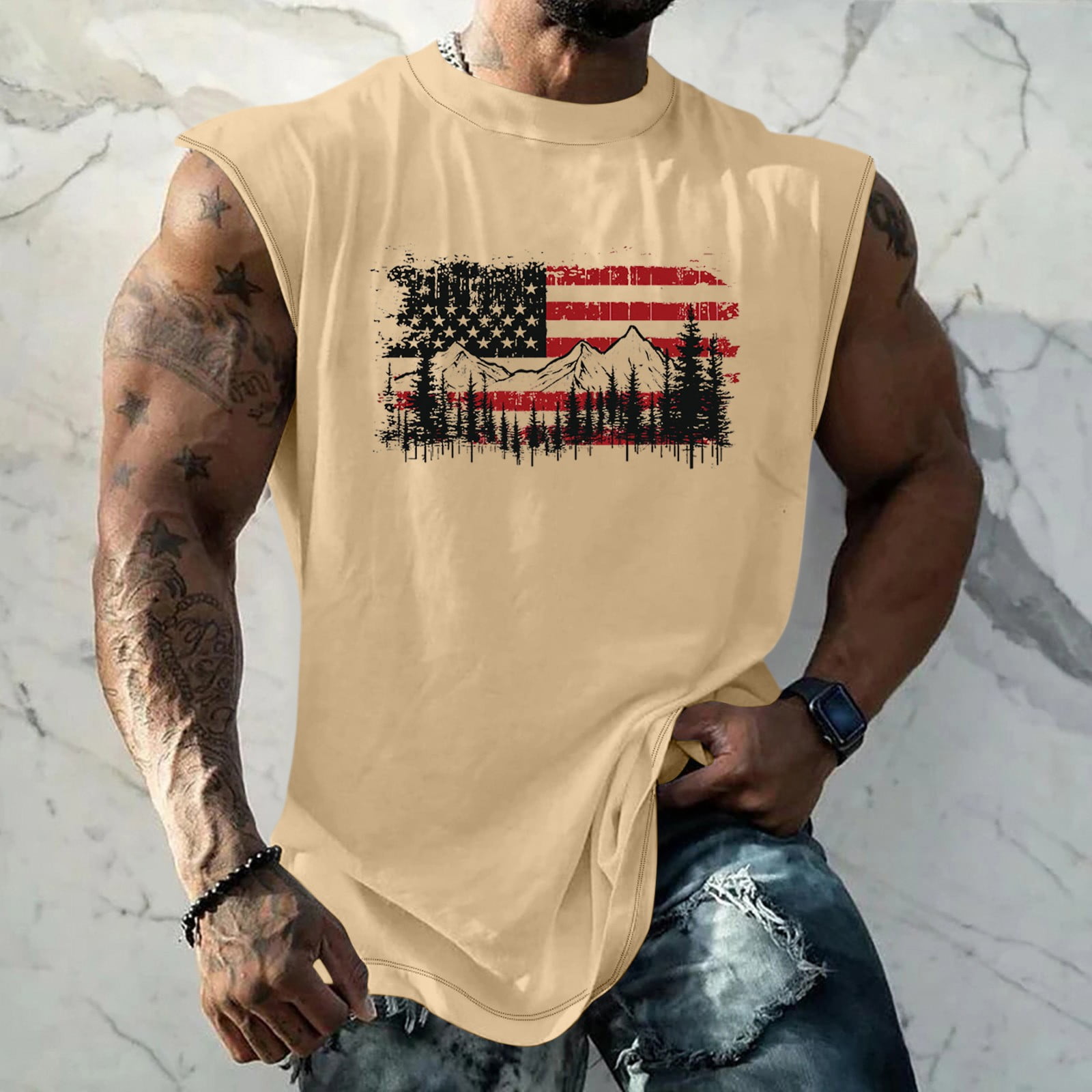 Mens Patriotic USA Flag Print Tee for Summer Outings