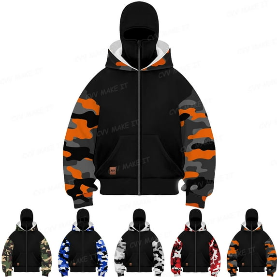Homeyce Mens Balaclava Hoodie with Warm Face Mask Full-Zip Camo Hoodie Double Hooded Windproof Jacket Hoodie Balaclava Outdoor Athletic Hip Hop Y2k Clothing,Red 3XL