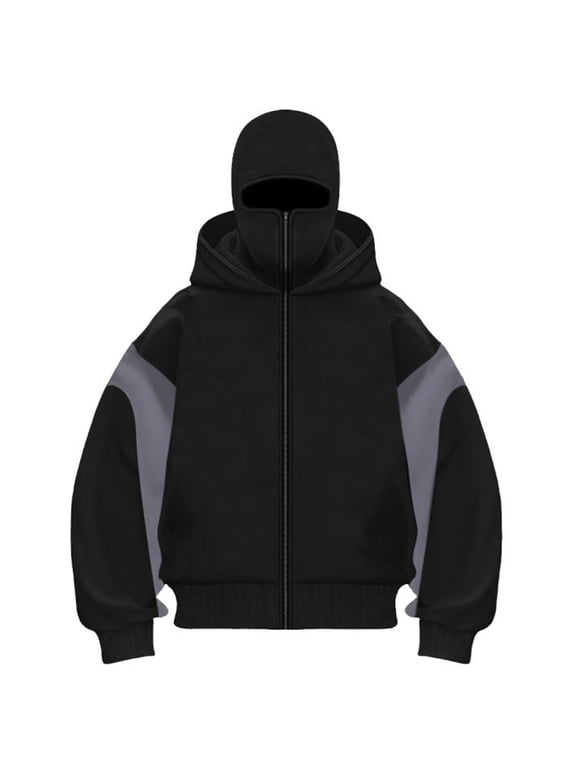 Mens Balaclava Hoodie with Zipper with Face Mask Hoodies Balaclava Ninja Double Hood Jacket Hoodie Wind Resistant Warm Sports Casual Bicycle Clothing for Cold Weather,Gray L