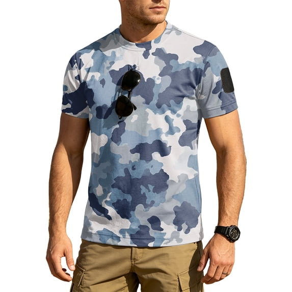 Homeyce Mens Camo Shirts Short Sleeve Button Camo Shirt Summer Lightweight Camouflage T-Shirt Crew Neck Pullover Tees Tops,Blue XL