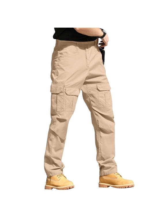 Homeyce Mens Cargo Pants Waterproof Durable Ripstop Pants Elastic Waist Breathable Construction Pants with Multi Pockets Relaxed Fit Stretch Pants Not Belt,Khaki XL