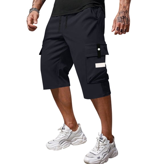 Homeyce Mens Cargo Shorts Below Knee Elastic Waist Shorts Long Capri Below the Knee Big and Tall Cargo Short Pants with Multi-Pockets Hiking Work Relaxed Fit Lightweight Bottom,Blue M