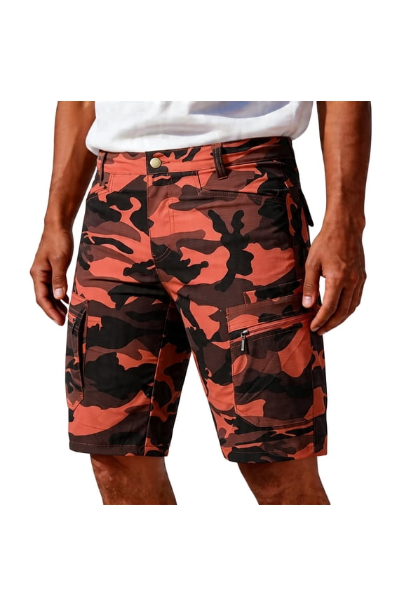 Mens Cargo Shorts Multi Pockets Twill Elastic Waist Short Button Down Ripstop Straight Leg Camouflage Cargo Shorts Relaxed Fit Outdoor Hiking Camo Stretch Bottom,Red 4XL
