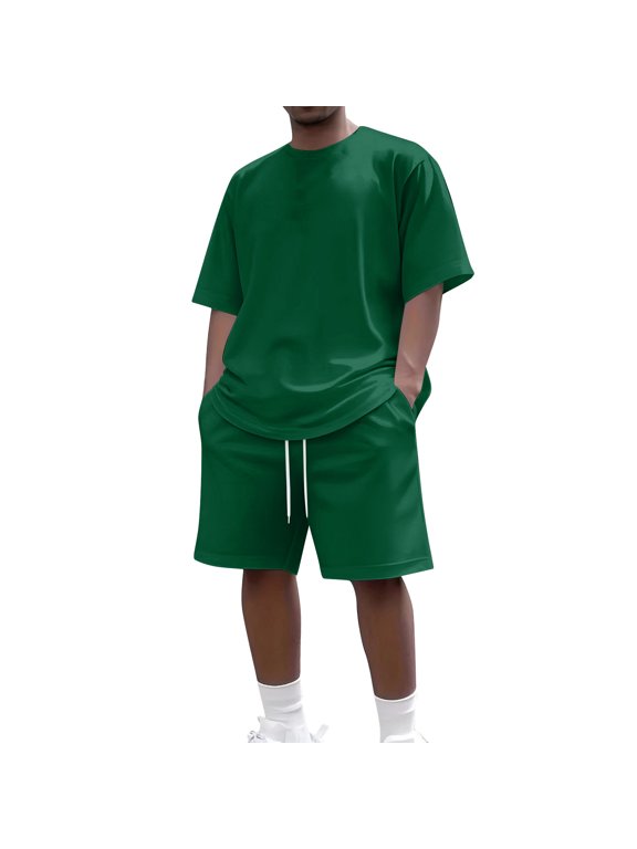 Mens Casual Oversized Short Sets 2 Piece Summer Outfits Raglan Sleeve T-shirts & Shorts Tracksuit,Green M